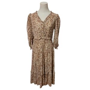 Blu Pepper Ruffled Tan and Cream Floral Cottage Prairie Dress Size Medium